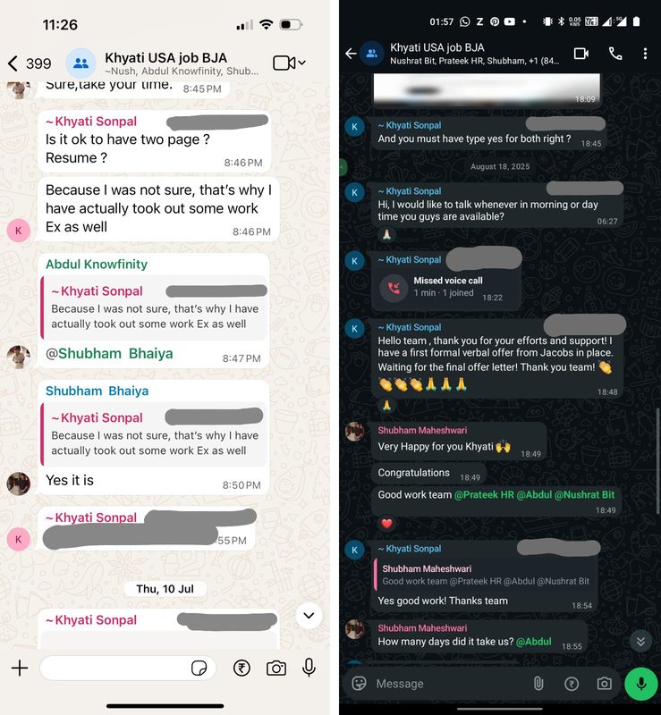 Khyati's WhatsApp conversation preview