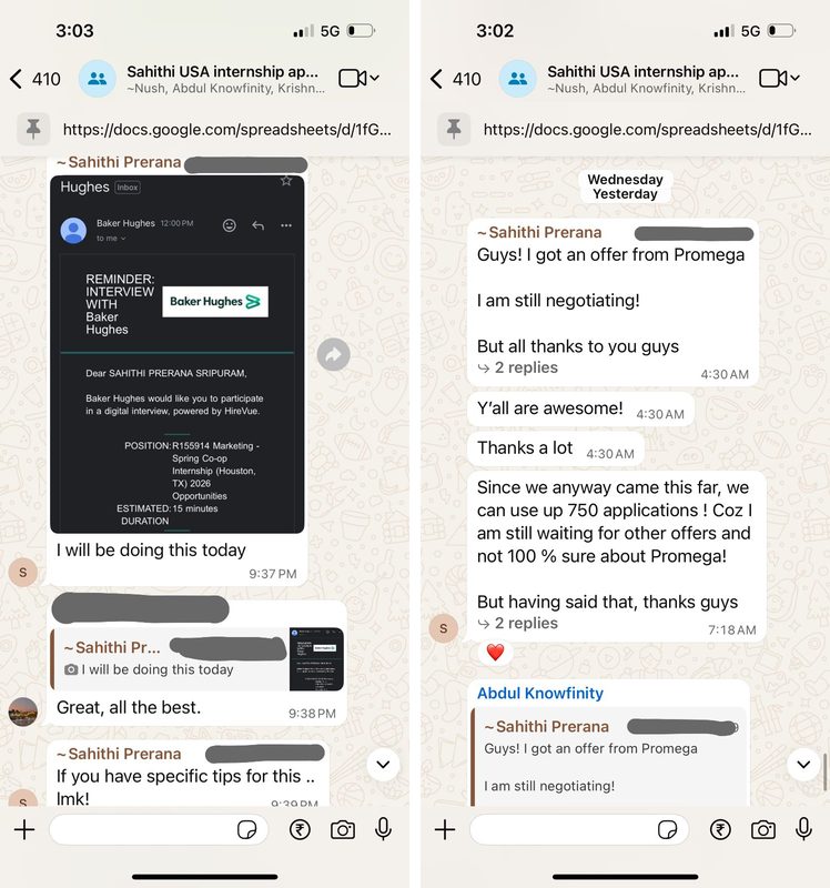 Sahithi's WhatsApp conversation preview
