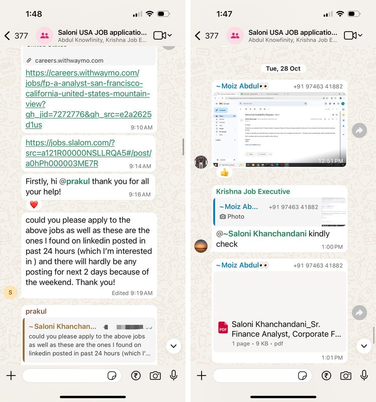 Saloni's WhatsApp conversation preview