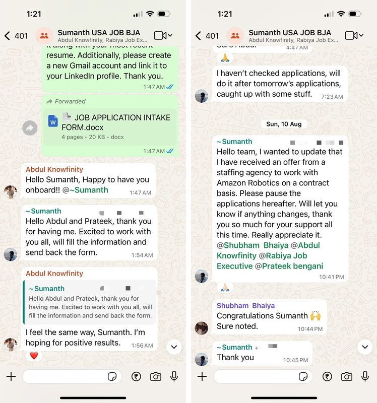 Sumanth's WhatsApp conversation preview